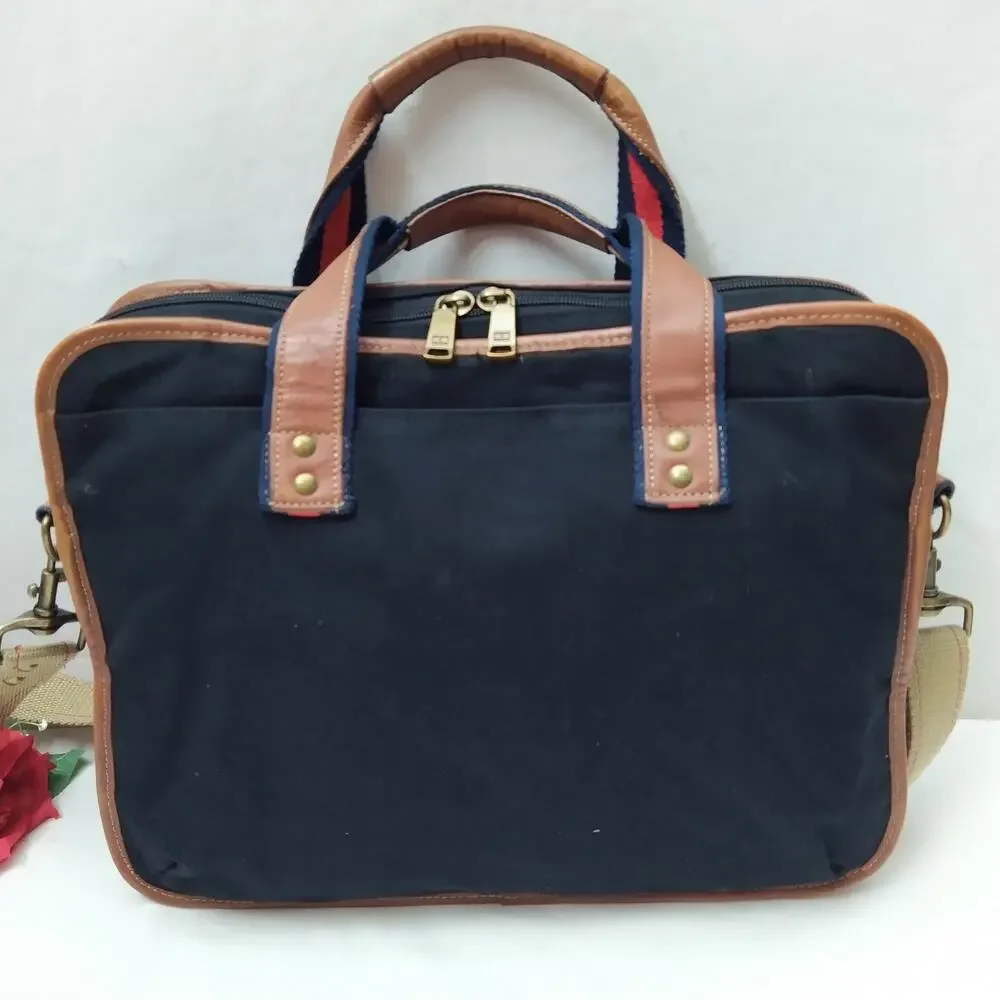 Tommy Hilfiger Dark Blue Canvas Double Handles Zipper Messenger Laptop Bag